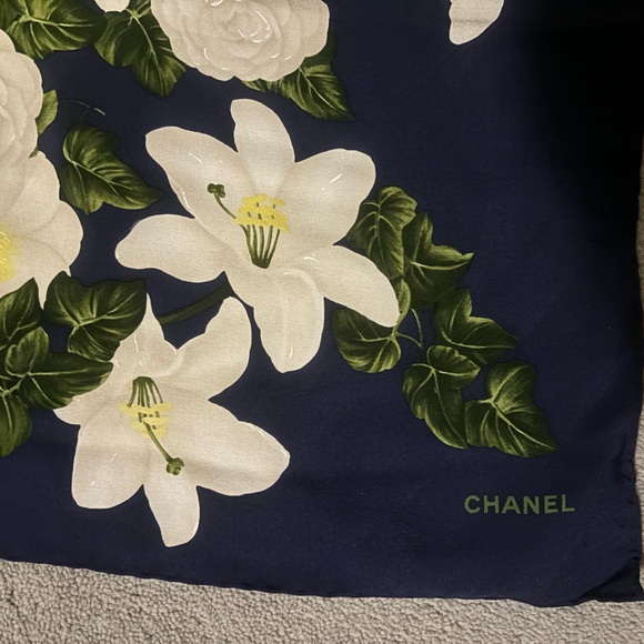 Authentic CHANEL Navy and White Floral Silk Scarf - Picture 1 of 7